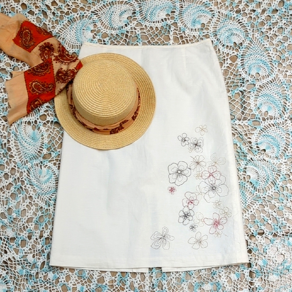 Linen Cotton Blend Embroidered Midi Skirt